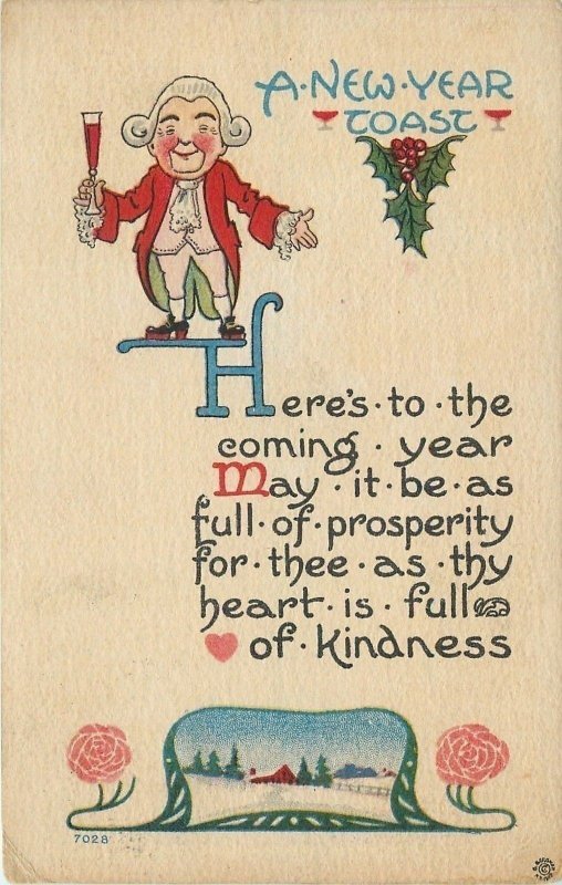 New Year Toast~ART DECO~Colonial Fellow on Letter H~Roses~Farm Home~Prosperity