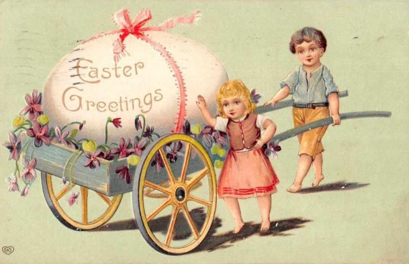 Easter Greetings Children Giant Egg in Cart Antique Postcard J75564