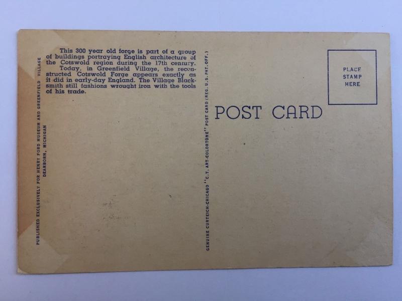 Dearborn Michigan Cotswold Forge Greenfield Village Blacksmith Postcard A22