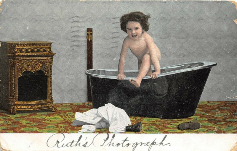 Child In Bathtub By Fireplace 1905 Greetings Postcard