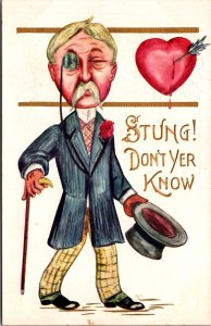 Valentine Heart Pierced by Arrow, Stung! Man with Monocle Embossed Postcard W70