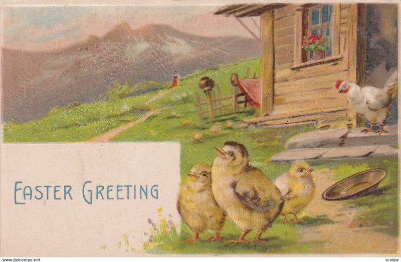 EASTER, PU-1908; Greting, Happy Chicks & Hen, Country Scene