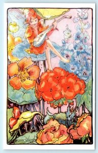 FLORA WHITE Artist Signed FAIRY? & FLOWERS Salmon Postcard