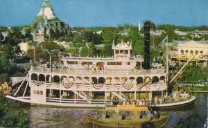 DISNEYLAND, Disney, Anaheim CA 1960 Postcard, Mark Twain Steambost, TWA Rocket