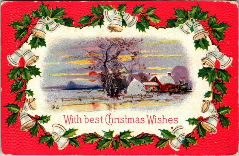 VTG 1910's Farm House Winter Scene Bells Holly Leaves Christmas Wishes Postcard