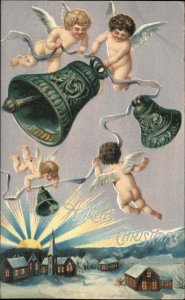 Christmas Angels Bells Village Embossed c1900s-10s Postcard