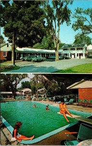 Colonial Motor Inn Burlington Vermont Postcard Pool Woman Swimsuit cars