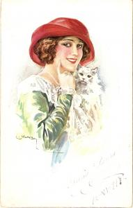 \Glamour Lady with her Cat\ Antique PC, signed Usabal