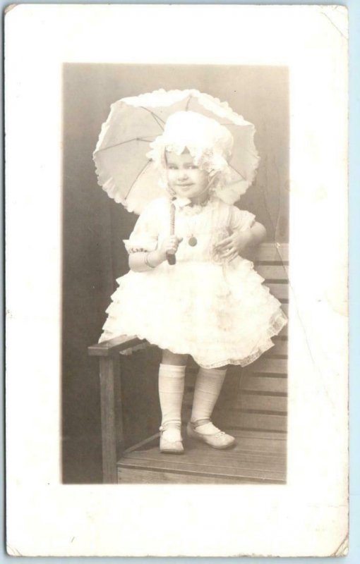 RPPC Studio Photo LITTLE GIRL TODDLER Frilly Dress and Parasol c1920s  Postcard