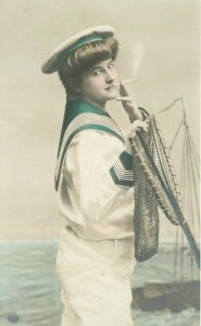Hand Tint Sexy Sailor Woman Cigarette C-1910 Postcard 21-10598