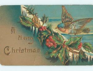 Pre-Linen christmas BEAUTIFUL BLUE BIRD WITH GOLD TRIM PLUS HOLLY HL0371