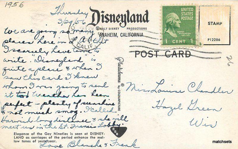 Anaheim California Amusement Disneyland City Hall 1956 postcard 11639