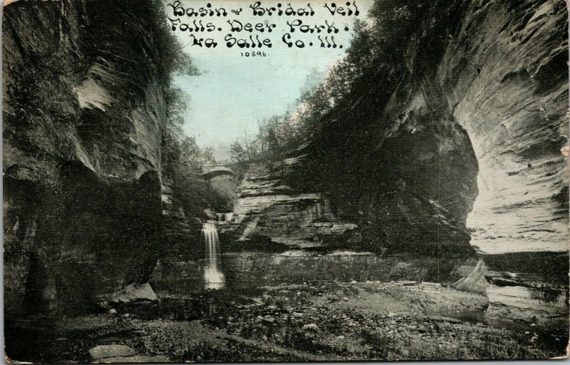 Vintage Basin Bridal Veil Falls Deer Park La Salle Illinois IL Antique Postcard