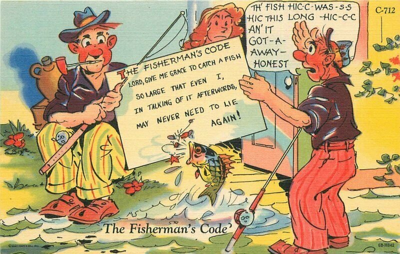 Comic Humor Fisherman's Code Ray Walters Postcard Teich linen 20-1169