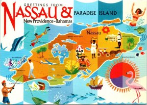 VINTAGE CONTINENTAL SIZE POSTCARD ANIMATED CHARACTER MAP OF NASSAU BAHAMAS SHEET