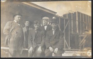 Group of Men in Suits & One Woman in Front of Building RPPC Unused c1910s