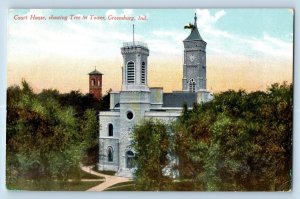 Greensburg Indiana Postcard Court House Showing Tree Tower Building 1910 Vintage