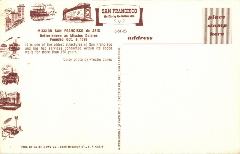 Mission San Francisco Asis Dolores CA California Old Bus VTG Postcard UNP Unused 