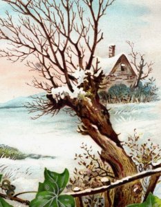 1880s Victorian Christmas Card Winter Scene Cabin Ivy Snow #6C