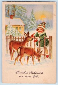 c1910's Christmas Little Girl Feeding Deer Winter Scene Belleville IL Postcard