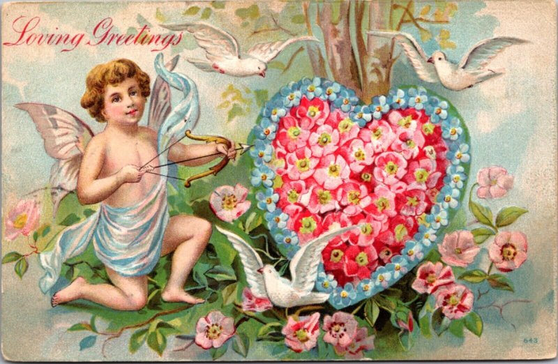 Valentine's Day Postcard Cupid Cherub with Bow Arrow Flowers in Heart Shape Dove