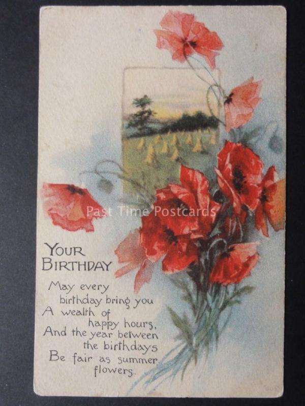 YOUR BIRTHDAY Poppies Postcard c1914