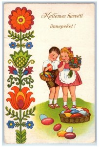 1923 Easter Girls Basket Of Eggs Flowers Hungary Embossed Vintage Postcard 