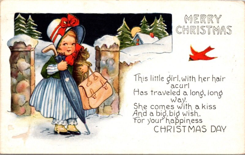 Christmas Postcard Traveling Little Girl in the Snow Carrying Cat, Umbrella, Bag