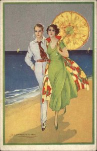 Beautiful Woman Art Deco Parasol Beach Handsome Man Corbella c1920 Postcard