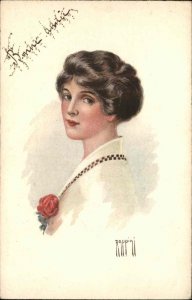 Rappini Art Nouveau Birthday Beautiful Young Woman with Rose Vintage Postcard