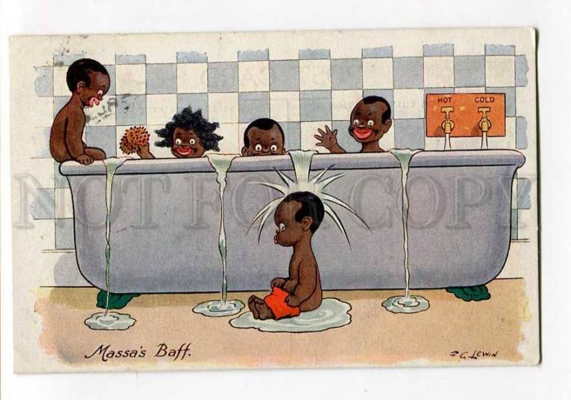264916 BLACK AMERICANA Kids BATHING by FG LEWIN vintage PC