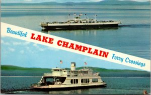 Vtg Scenic Lake Champlain Ferry Boat Crossing Classic Cars Mountains Postcard