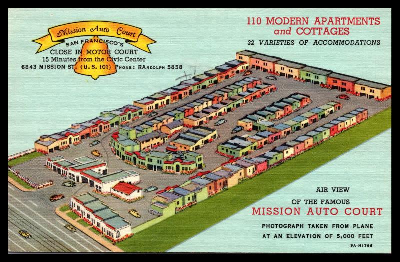 Mission Auto Court, Aerial, San Francisco CA Vintage Linen Postcard G23
