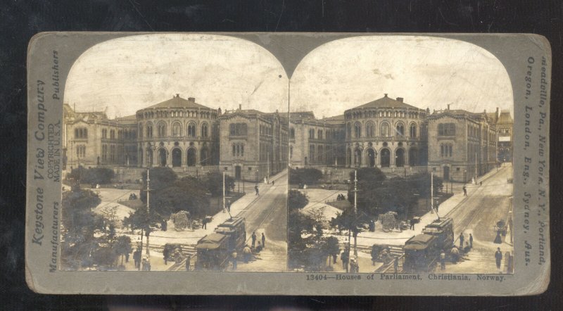 REAL PHOTO CHRISTIANA NORWAY HOUSE OF PARLIAMENT DOWNTOWN STEREOVIEW CARD