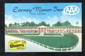ROLLA MISSOURI CARNEY MANOR INN HOTEL ROUTE 66 VINTAGE ADVERTISING POSTCARD