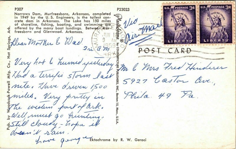 Narrows Dam Murfreesboro Arkansas AK Lake VTG Postcard PM Cancel WOB Note 