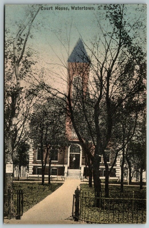 Watertown SD~Handcolored~Old Courthouse~Wrought-Iron Fence c1910 Replaced c1929 