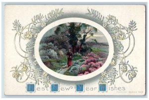 1917 New Year Holly Woman Walking Pink Flowers Winter Embossed Antique Postcard 