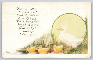 Easter Wishes~Mother Duck~3 Swimming Ducklings In Pond~c1910 Vintage Postcard
