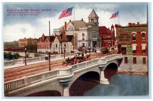 c1920's East Fox Street Bridge Buildings Horse Carriage Flag Aurora IL Postcard