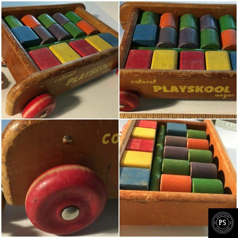 Original Vintage Colorol Playskool Wagon Wood 18 Pieces Building Toys SKU080-047