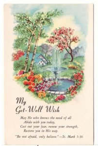 My Get Well Wish, Fountain, Pond, Flowering Garden, Vintage Greetings Postcard