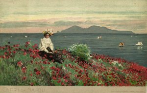 italy, CAPRI, Lady between the Poppies (1900s) Hand Painted Postcard