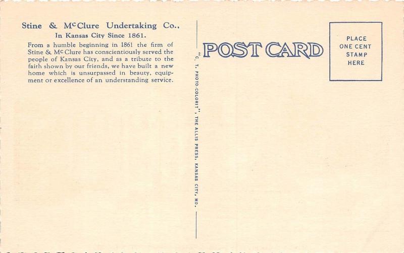 D56/ Kansas City Missouri Mo Postcard Linen Stine & McClure Funeral Home