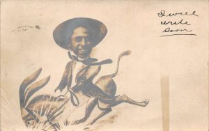 Man Riding Donkey Humor Studio Cut Out Real Photo Vintage Postcard AA65942