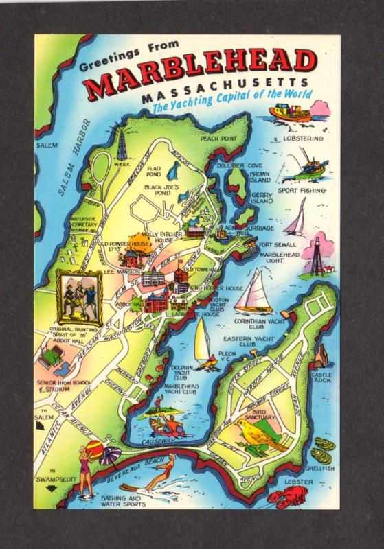 MA Greetings MARBLEHEAD MASSACHUSETTS MASS Map Postcard