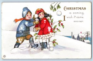 Christmas Postcard Children On Winter Playing Snowball Holly Berries Red Wing MN