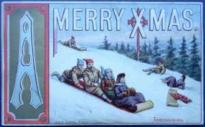 RARE c1878 Canadian Christmas Postcard TOBOGGINING by G.& W. Clarke of Montreal