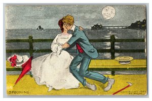 c1907 Postcard Spooning Couple Kissing On Bench By Ocean Vtg. Standard View Card 