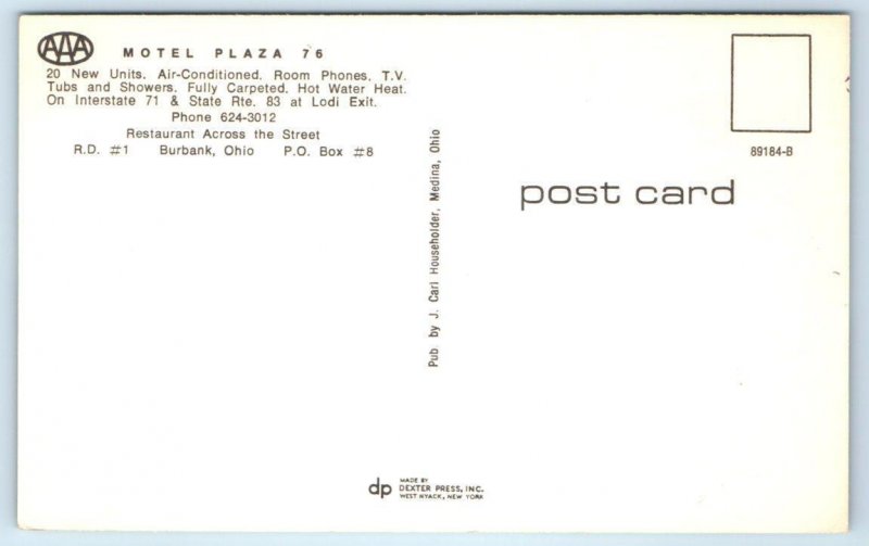 BURBANK, Ohio OH ~ Roadside MOTEL PLAZA 76 ca 1960s Wayne County  Postcard